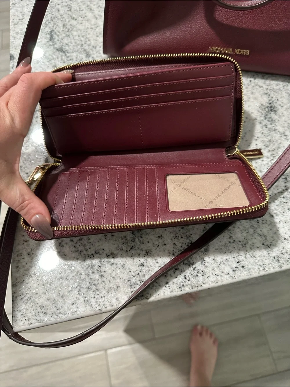 Michael Kors Wine Leather Satchel with Gold Accent with matching wallet